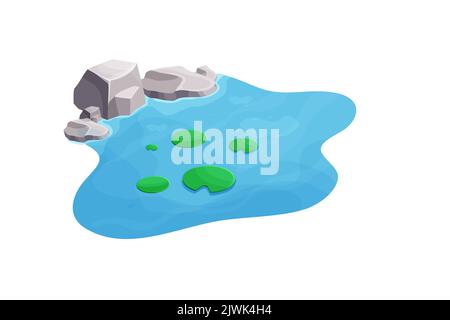 Lake with calm water, lily and stones in cartoon style isolated on white background. Outdoor natural pond. Isometric view. Vector illustration Stock Vector