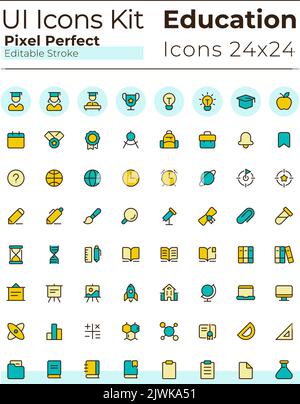 Distance learning platform pixel perfect RGB color ui icons set Stock Vector