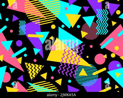 Geometric seamless pattern in 80s memphis style. Colorful geometric shapes on black background. Design for promotional products, wrapping paper, broch Stock Vector
