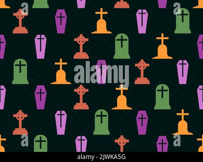 Cemetery seamless pattern. Multicolored graves. Silhouettes of headstones and crosses in halloween colors. Design of advertising products, banners and Stock Vector
