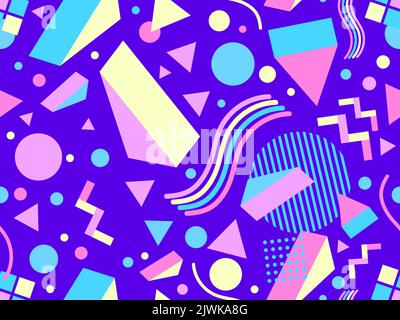Geometric seamless pattern in 80s memphis style with 3D shapes. Three-dimensional triangles. Design for promotional products, wrapping paper, brochure Stock Vector