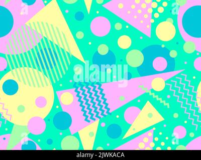 Geometric seamless pattern in 80s memphis style. Colorful geometric shapes on green background. Design for promotional products, wrapping paper, broch Stock Vector