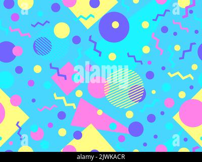 Geometric seamless pattern in 80s memphis style. Colorful geometric shapes on blue background. Design for promotional products, wrapping paper, brochu Stock Vector