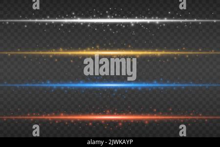 Glow lines color collection. Gold and blue rays. Colorful light effects. Glowing bright beams. Red and white horizontal lines. Luminous streaks for po Stock Vector