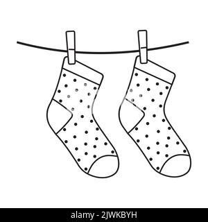 Children's socks on a rope, black outline, vector illustration. Stock Vector