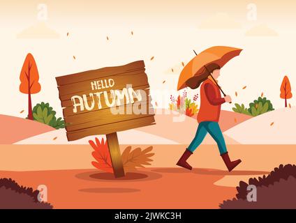 hello autumn women walking with umbrella. vector illustration design Stock Vector