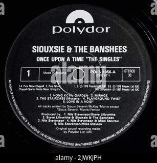Photo close up of a centre label on an original 1978 pressing of a vinyl disc Once Upon a Time 'The Singles' Siouxsie & The Banshees Stock Photo
