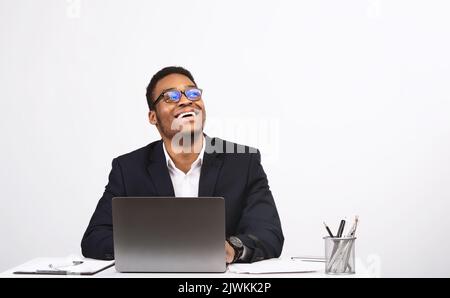 Excited African American Businessman Using Laptop Working Over White Background Stock Photo