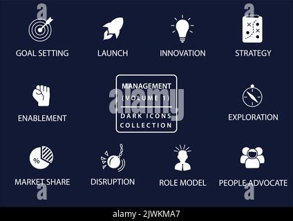 Management vector icon set in flat design and dark mode Stock Vector