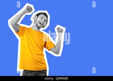 Happy millennial guy using wireless headset, dancing and singing, collage Stock Photo