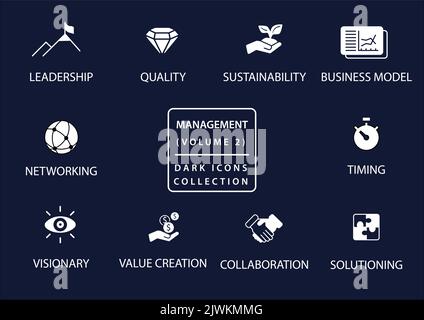 Management vector icon set in flat design and dark mode Stock Vector