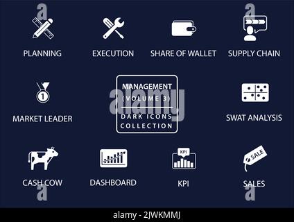 Management vector icon set in flat design and dark mode Stock Vector