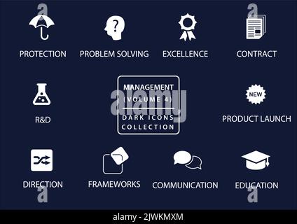 Management vector icon set in flat design and dark mode Stock Vector