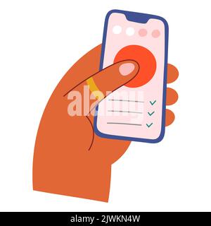 Menstruation calendar on smartphone. woman holding phone marking menstrual days in app, menstrual cycle, personal calendar, planner in mobile Stock Vector
