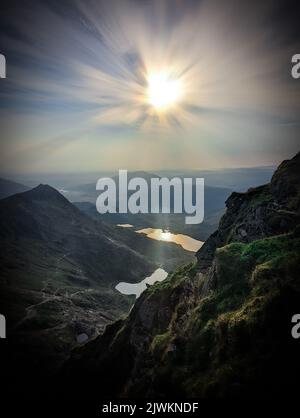 A stunning view from the summit. Snowdonia, Wales: YOU COULD be forgiven for thinking a UFO was landing on the summit of Snowdonia, the highest mounta Stock Photo
