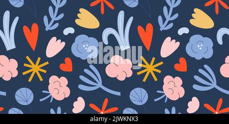Abstract flower pattern with shapes, leaves, cotton plant elements on blue background, seamless pattern, simple ornament with doodle shapes Stock Vector