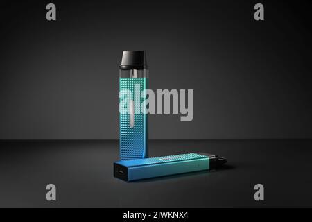 Blue and Green Vape Illustration Centered on a Black Scene Background, Product Image. 3D Render Illustration. Stock Photo