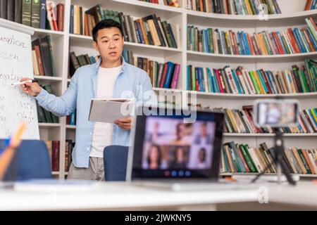 Japanese Tutor Having Online Class Using Laptop And Smartphone Indoor Stock Photo