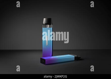 Purple and Blue Vape Illustration Centered on a Black Scene Background, Product Image. 3D Render Illustration. Stock Photo