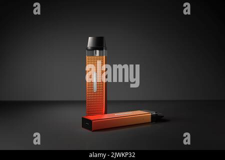 Red and Orange Vape Illustration Centered on a Black Scene Background, Product Image. 3D Render Illustration. Stock Photo