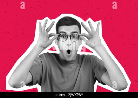 Amazed guy in eyeglasses on colorful background, collage Stock Photo