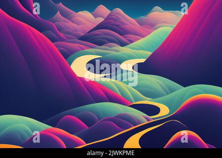 Illustrative drawing of a surreal color landscape. Ideal figure for virtual or printed use. Stock Photo