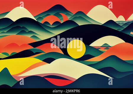 Illustrative drawing of a surreal color landscape. Ideal figure for virtual or printed use. Stock Photo