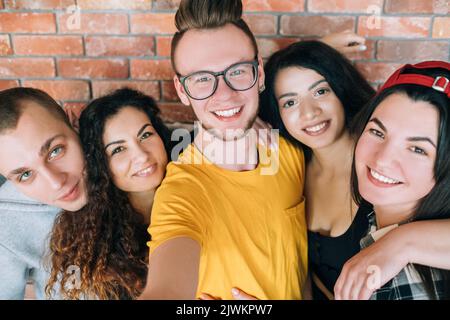 group self portrait diverse team friends together Stock Photo