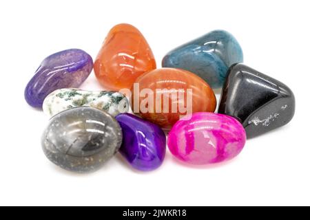 various healing gemstones isolated on white background Stock Photo