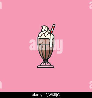 Chocolate milk shake with cream, topping and straw filled outline style vector illustration Stock Vector