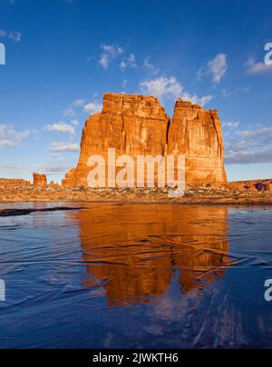 The Organ, in the Courthouse Towers, reflected in an ephemeral frozen snowmelt pothole in Arches National Park, Moab, Utah. Stock Photo