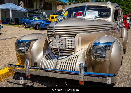 Falcon Heights, MN - June 17, 2022: Low perspective front view of a 1939 Graham Model 97 Sharknose Sedan at a local car show. Stock Photo