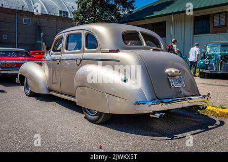 Falcon Heights, MN - June 17, 2022: Low perspective rear corner view of a 1939 Graham Model 97 Sharknose Sedan at a local car show. Stock Photo