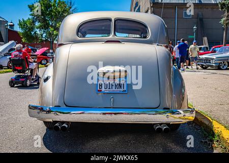 Falcon Heights, MN - June 17, 2022: Low perspective rear view of a 1939 Graham Model 97 Sharknose Sedan at a local car show. Stock Photo