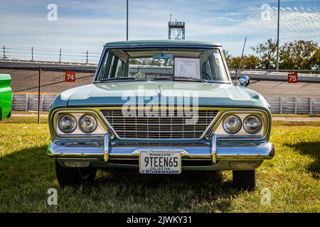 Daytona Beach, FL - November 24, 2018: Low perspective front view of a 1965 Studebaker Daytona Wagonaire Station Wagon at a local car show. Stock Photo