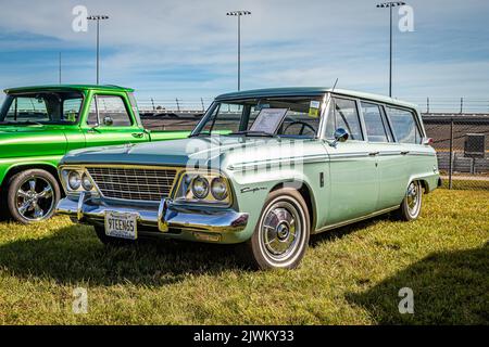 Daytona Beach, FL - November 24, 2018: Low perspective front corner view of a 1965 Studebaker Daytona Wagonaire Station Wagon at a local car show. Stock Photo