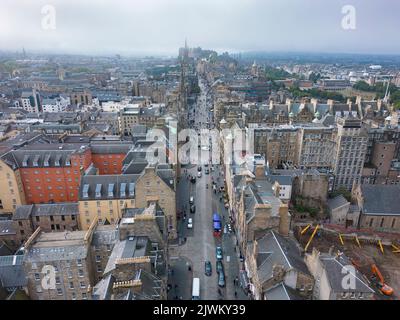 Aerial view along High Street or Royal Mile in Edinburgh Old Town, Scotland, UK Stock Photo