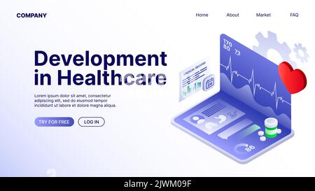 Development in HealthCare Banner. White Landing Page for Website. Vector illustration Stock Vector