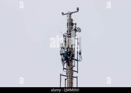 two Telekom technicians perform work on a transmission tower Stock Photo