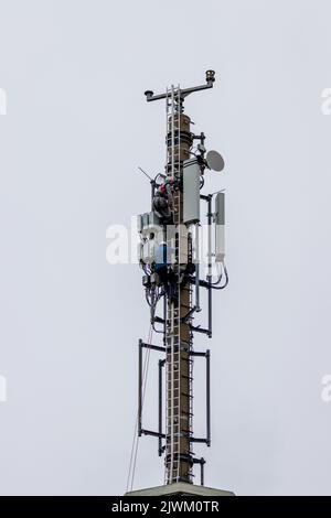 two Telekom technicians perform work on a transmission tower Stock Photo