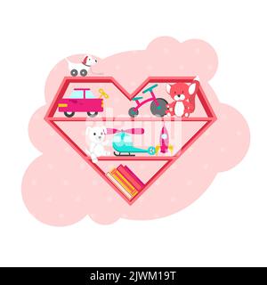 Cartoon toys on wood shelves. Funny animal baby piano constructor girl doll and ball robot plush bear colorful vintage elements for child joy. Kids Stock Vector