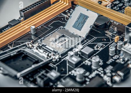 Installing central processor unit into computer motherboard. Stock Photo