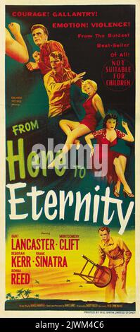 From Here to Eternity (Columbia, 1953). Australian Daybill. Starring Burt Lancaster, Frank Sinatra, Montgomery Clift, Deborah Kerr, Donna Reed, Philip Ober, Mickey Shaughnessy, Harry Bellaver, Ernest Borgnine, Jack Warden, Merle Travis, and Tim Ryan. Directed by Fred Zinnemann. Stock Photo