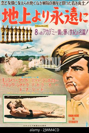 From Here to Eternity (Columbia, 1953). Japanese film poster version. Starring Burt Lancaster, Frank Sinatra, Montgomery Clift, Deborah Kerr, Donna Reed, Philip Ober, Mickey Shaughnessy, Harry Bellaver, Ernest Borgnine, Jack Warden, Merle Travis, and Tim Ryan. Directed by Fred Zinnemann. Stock Photo