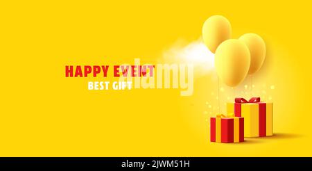 3d cartoon illustration of gift box with air balloons and clouds Stock Vector