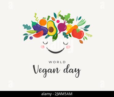 World Vegan Day, Concept Design. Cute character with vegetables crown, fruits, leaves and nuts. For Social Media promotions, sticker, banner, greeting Stock Vector