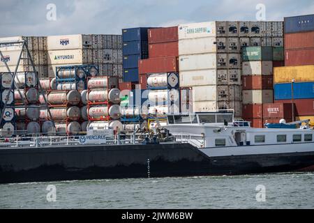 Europoort, Pernis, container storage in Rotterdam-Botlek, standard TEU containers and liquids, chemical tank containers, on the Oude Maas Canal, tanke Stock Photo