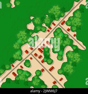Top view landscape with rooftops, fields, 3d illustration Stock Vector