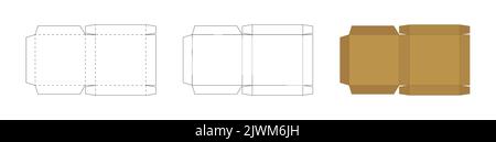 Slim square box template, trim scheme to make package, open geometric model layout, vector illustration on white background. Stock Vector