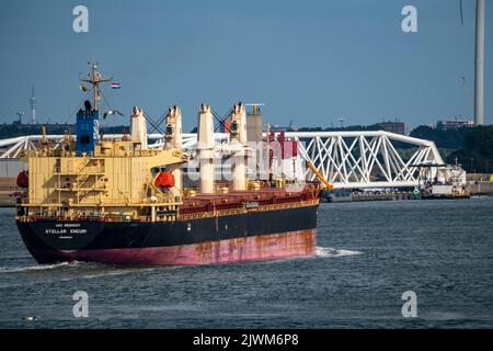 Shipping traffic on the Maas, height Hoek van Holland, freighter Stella Enguri, in front of the Maeslantkering storm surge barrier at the mouth of the Stock Photo